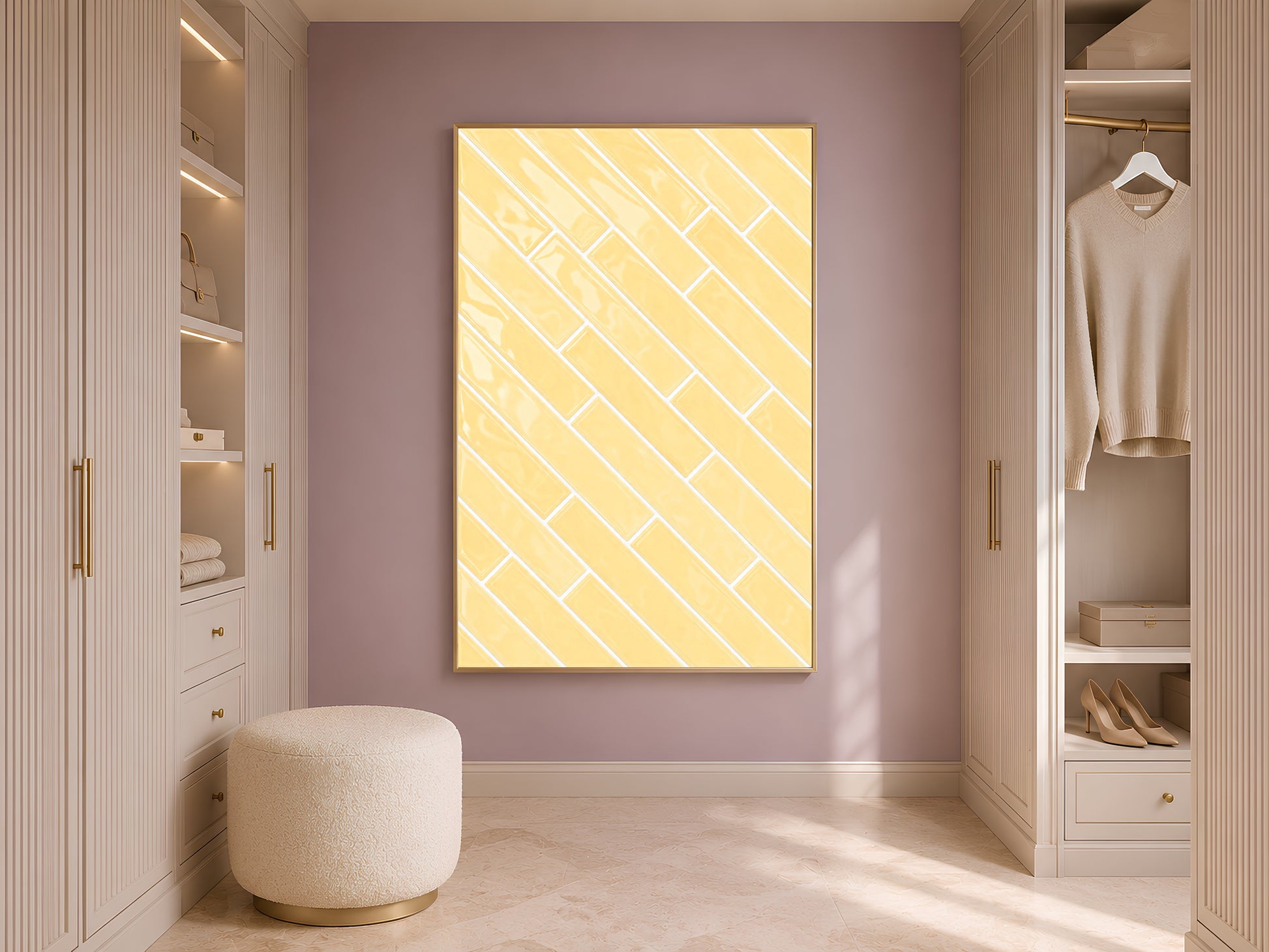 Butter yellow tile art print in a natural wood frame displayed in a soft lilac walk-in closet with a round cream ottoman and hanging garments