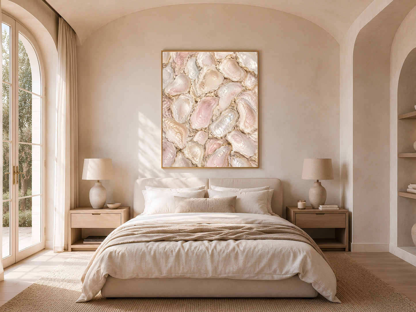 Oyster shell wall art mockup above bed, neutral coastal grandmother bedroom decor