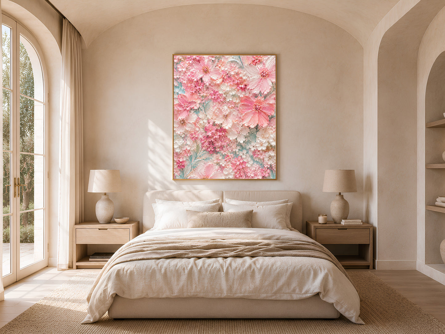 Light pink floral wall art framed in a bedroom with neutral bedding

