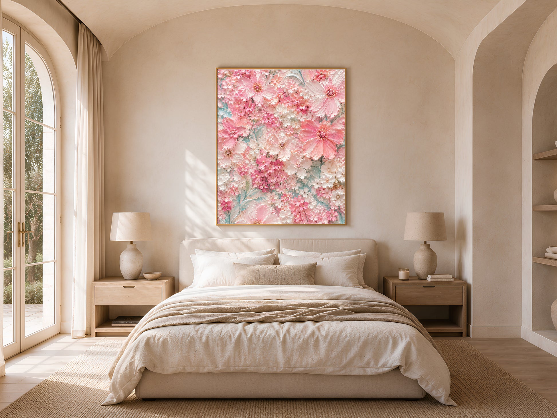 Light pink floral wall art framed in a bedroom with neutral bedding
