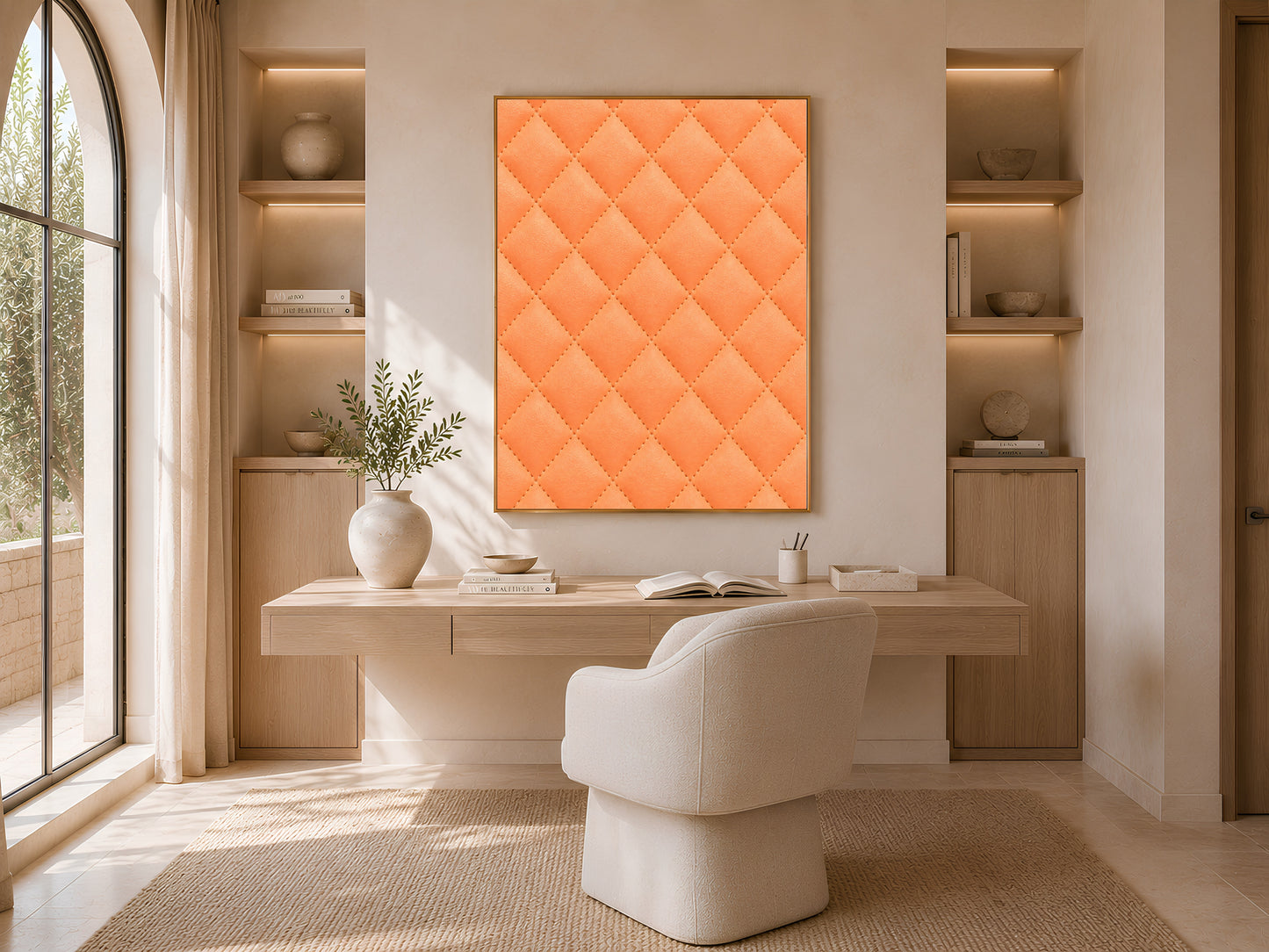 Quilted leather wall art in coral orange framed above a desk in a sunlit home office nook
