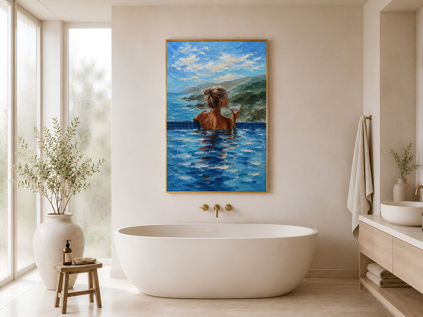 Gold-framed luxury pool view impasto print in a bright minimalist bathroom beside a freestanding white bathtub with gold taps and dried stem arrangement
