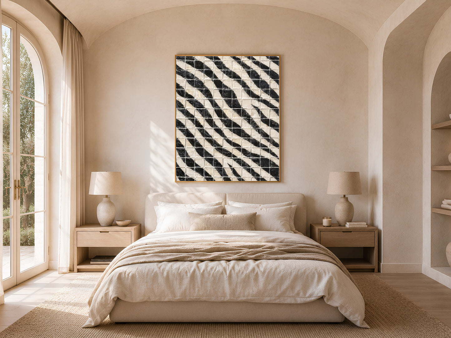 Black and white diagonal stripe mosaic tile wall art in a gold frame above a bed with warm linen bedding and rattan lamps in a bright minimal bedroom with arched windows
