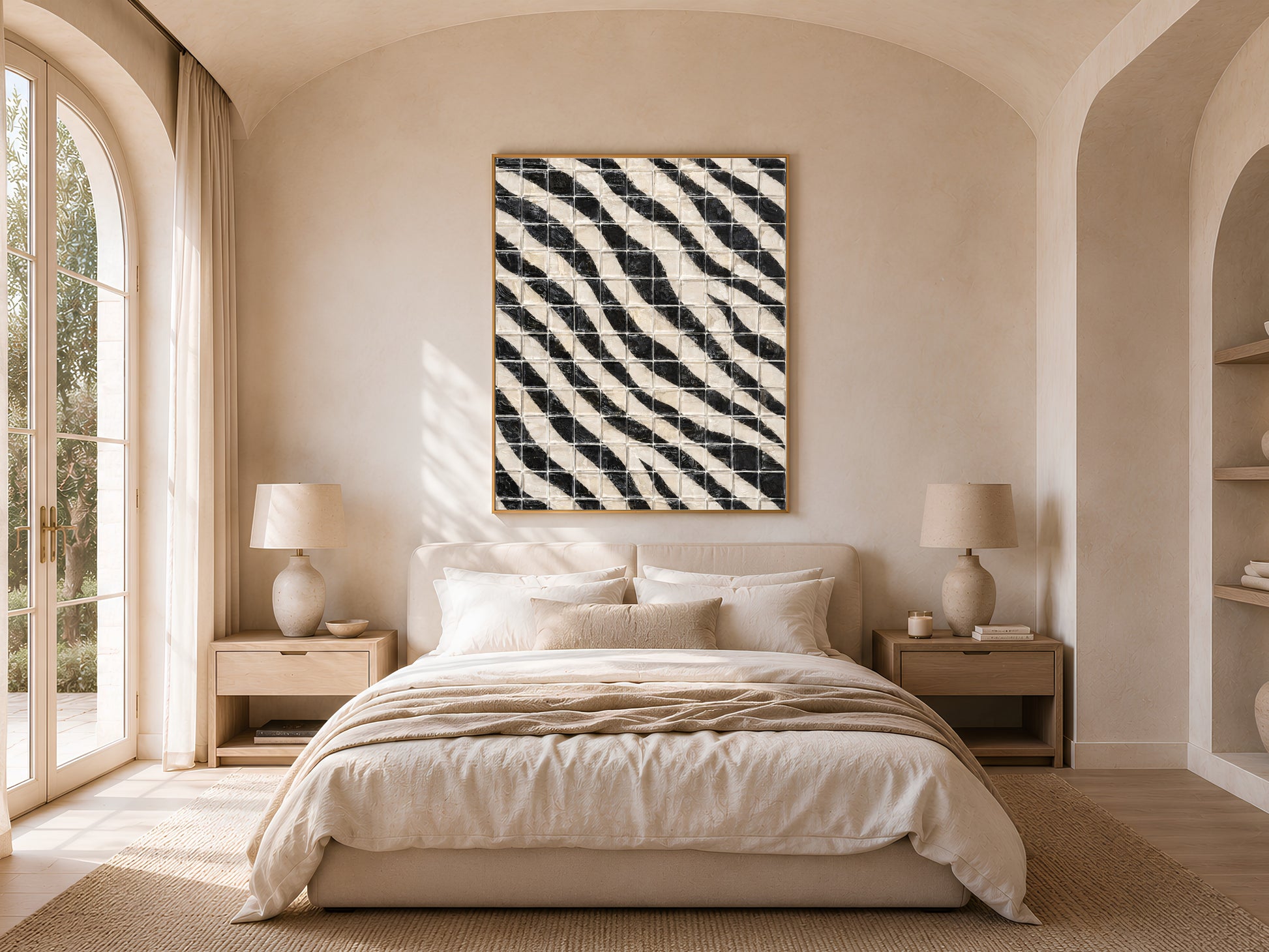 Black and white diagonal stripe mosaic tile wall art in a gold frame above a bed with warm linen bedding and rattan lamps in a bright minimal bedroom with arched windows
