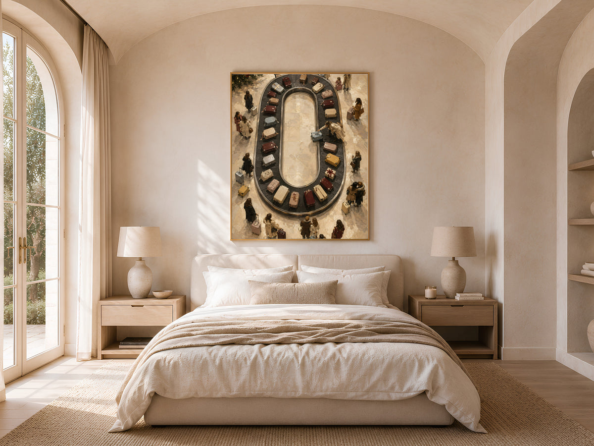 Luggage carousel print framed above bed in sunlit bedroom with arched window