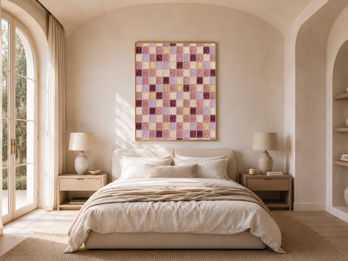 Rose lavender mosaic wall art framed above a bed in a warm arched-window bedroom