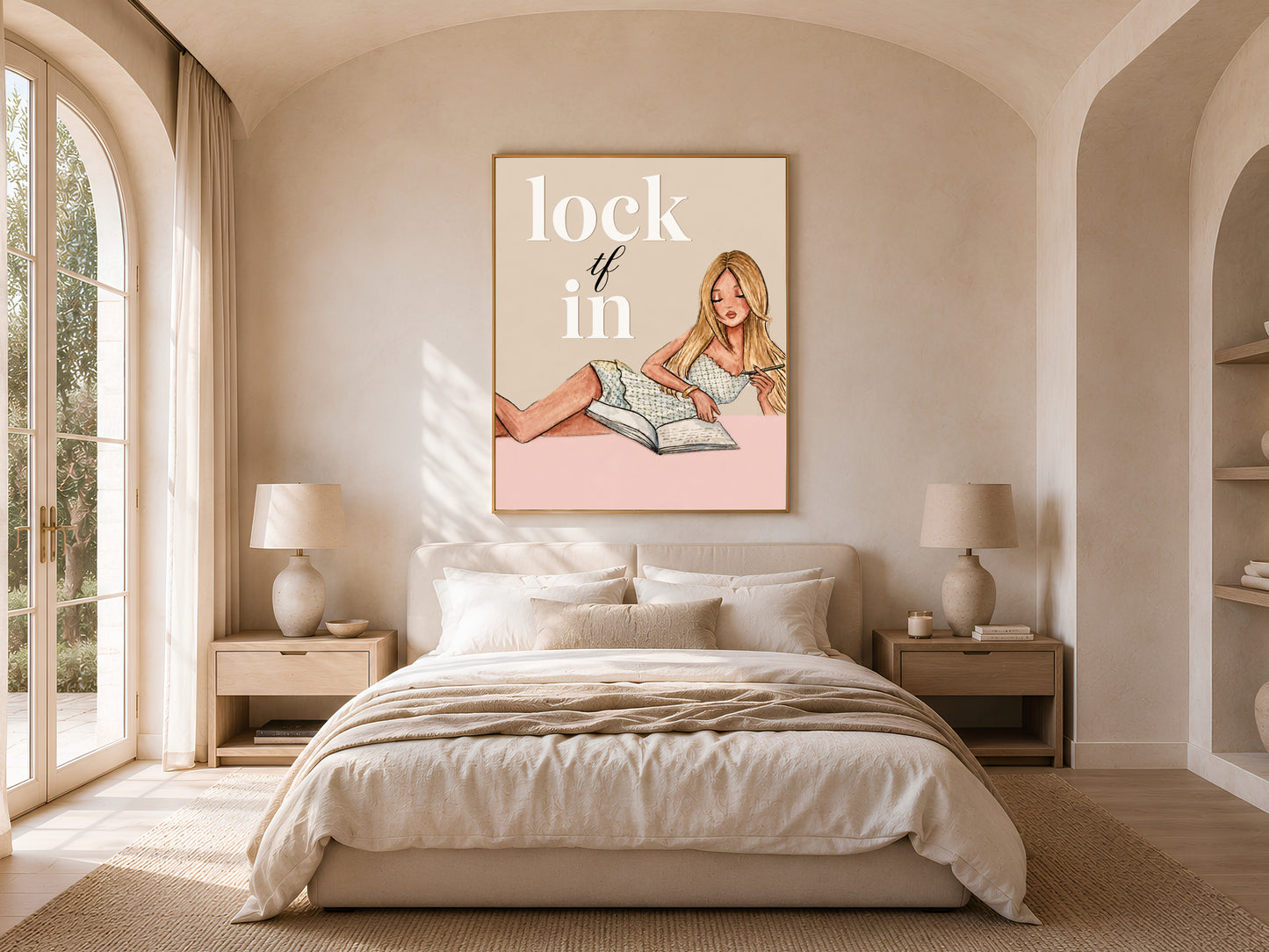 Lock TF In printable wall art hung in a sunlit bedroom with arched window, funny study motivation print for dorm or bedroom decor