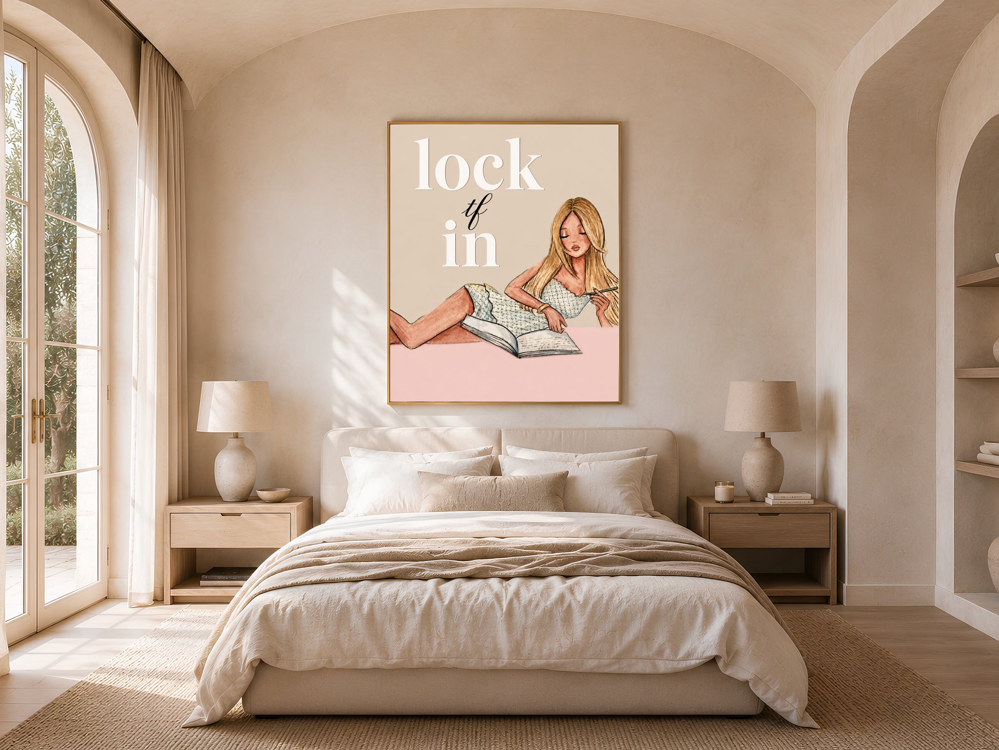 Lock TF In printable wall art hung in a sunlit bedroom with arched window, funny study motivation print for dorm or bedroom decor
