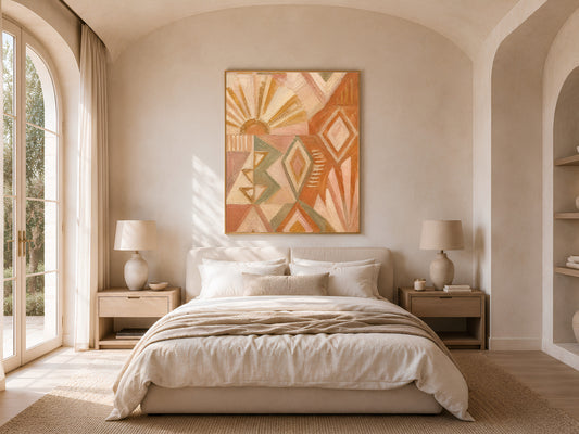 Terracotta sunburst wall art framed above a neutral bedroom bed, boho geometric print with arched window natural light
