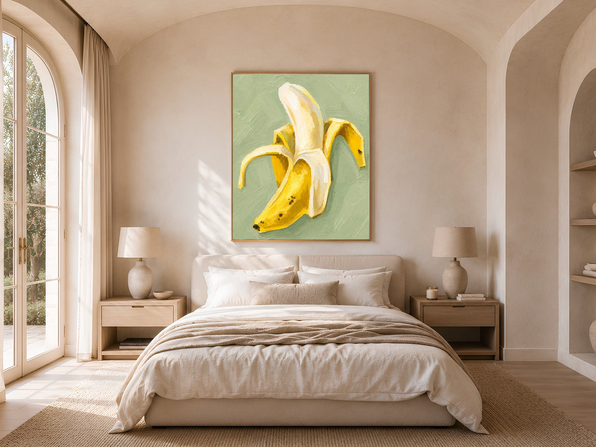 Framed banana still life print above bedside table in neutral bedroom, butter yellow kitchen wall art print
