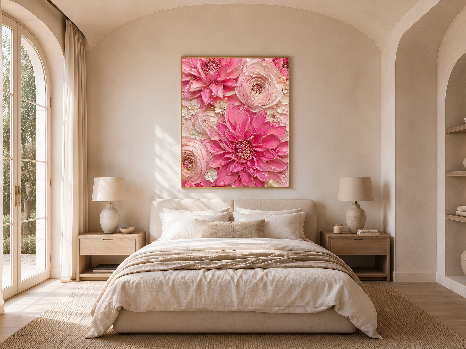 Hot pink dahlia wall art framed in a bedroom with neutral bedding

