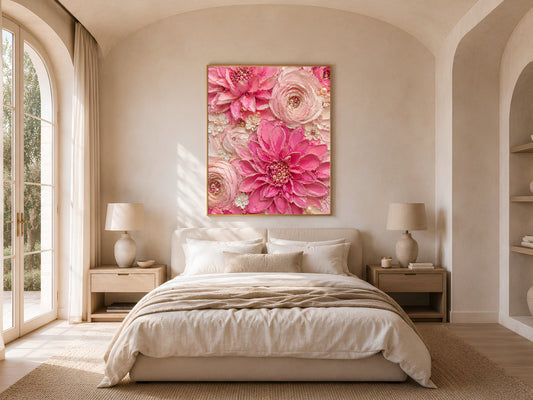 Hot pink dahlia wall art framed in a bedroom with neutral bedding
