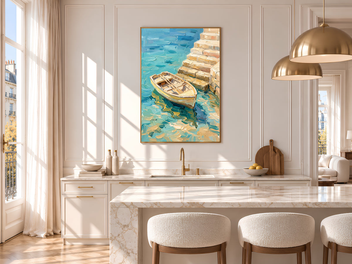 Rowboat Painting Print, Turquoise Sea Boat Art, Textured Coastal Wall Art, Mediterranean Decor, Printable Digital Download