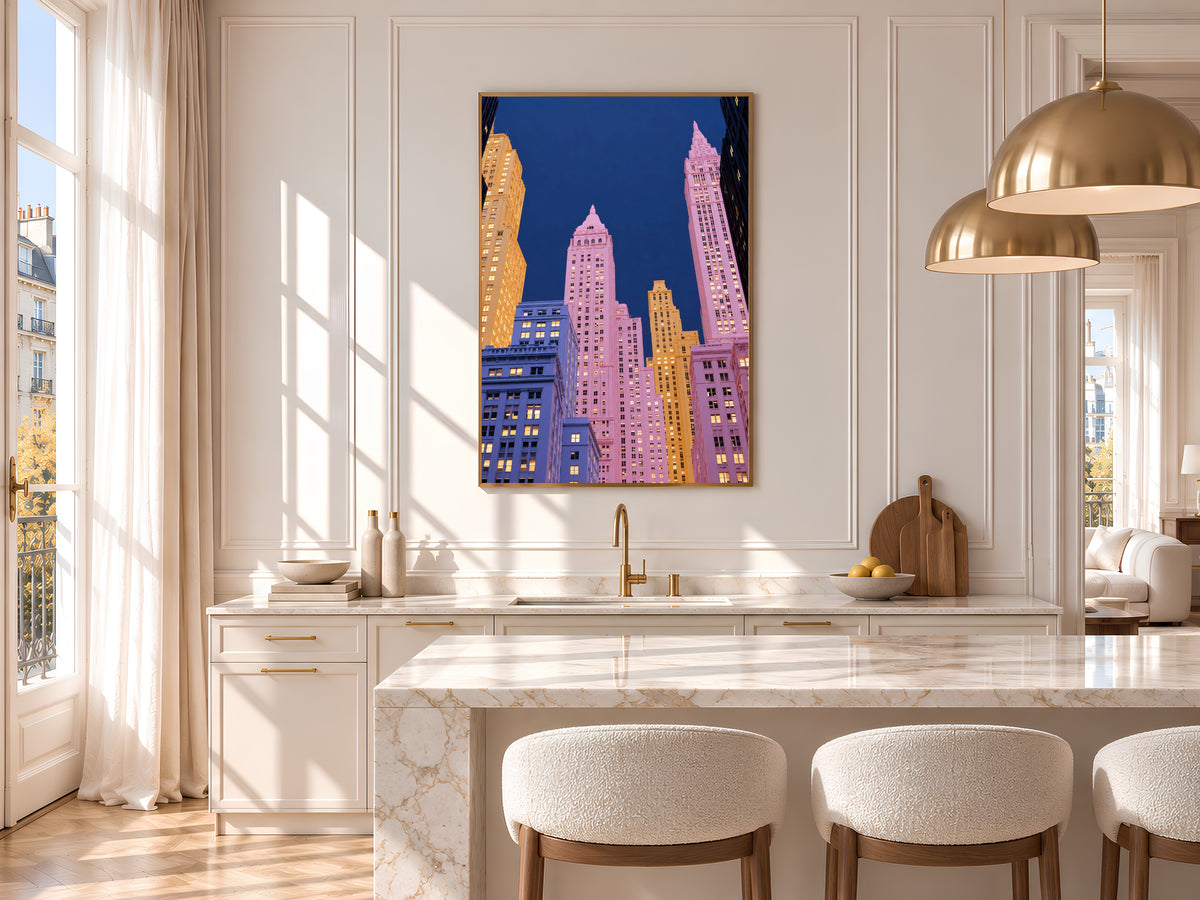 Pink City Skyline Wall Art Print, New York Inspired Art Deco Skyscrapers at Night, Pastel Pink and Navy Printable Decor, Digital Download