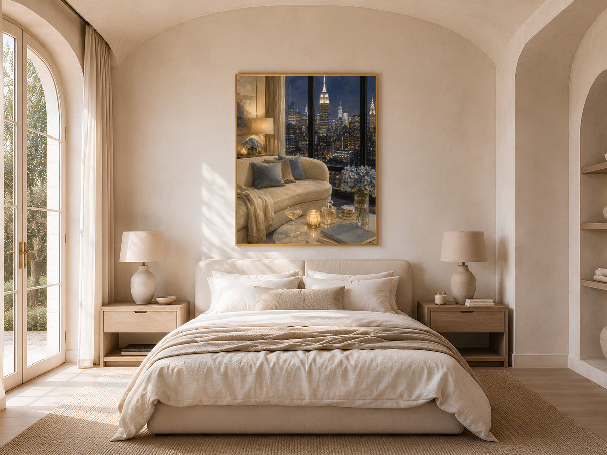 NYC Penthouse View Wall Art, Navy Blue City Skyline Print - Digital Download