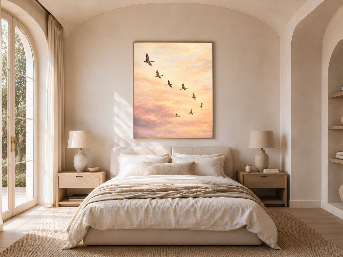 Flying Cranes Wall Art, Sunset Sky Print, Ethereal Pastel Bedroom Decor - Digital Download