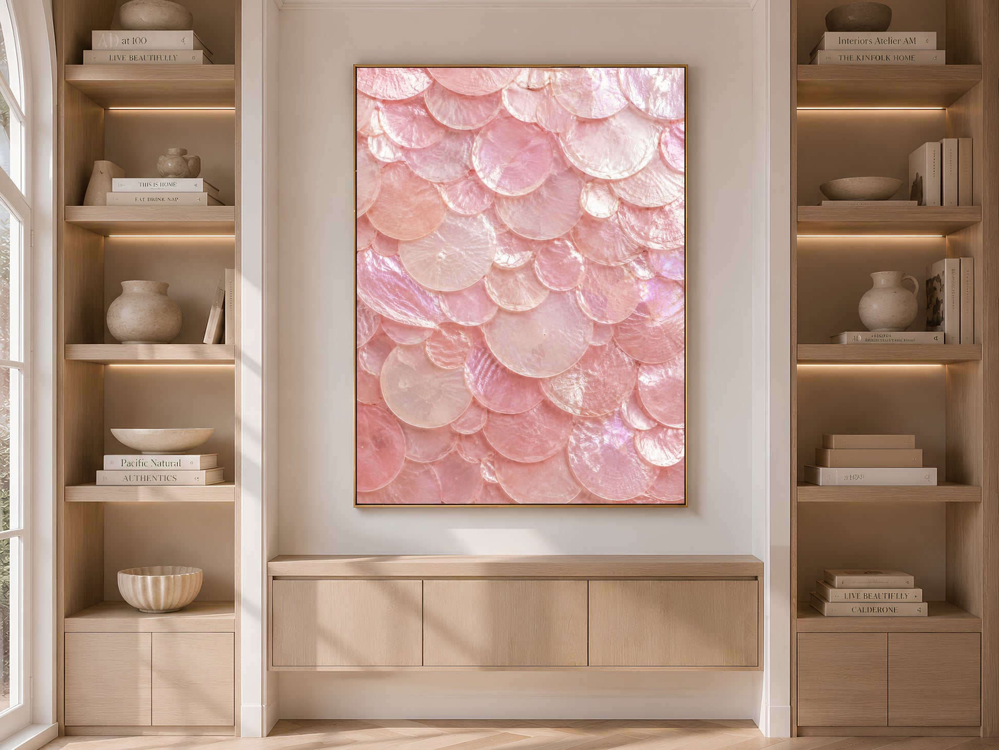 Built-in bookshelf niche with styled decor and a framed pink capiz shell print centered between the shelving.