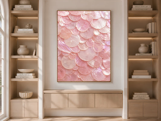 Built-in bookshelf niche with styled decor and a framed pink capiz shell print centered between the shelving.