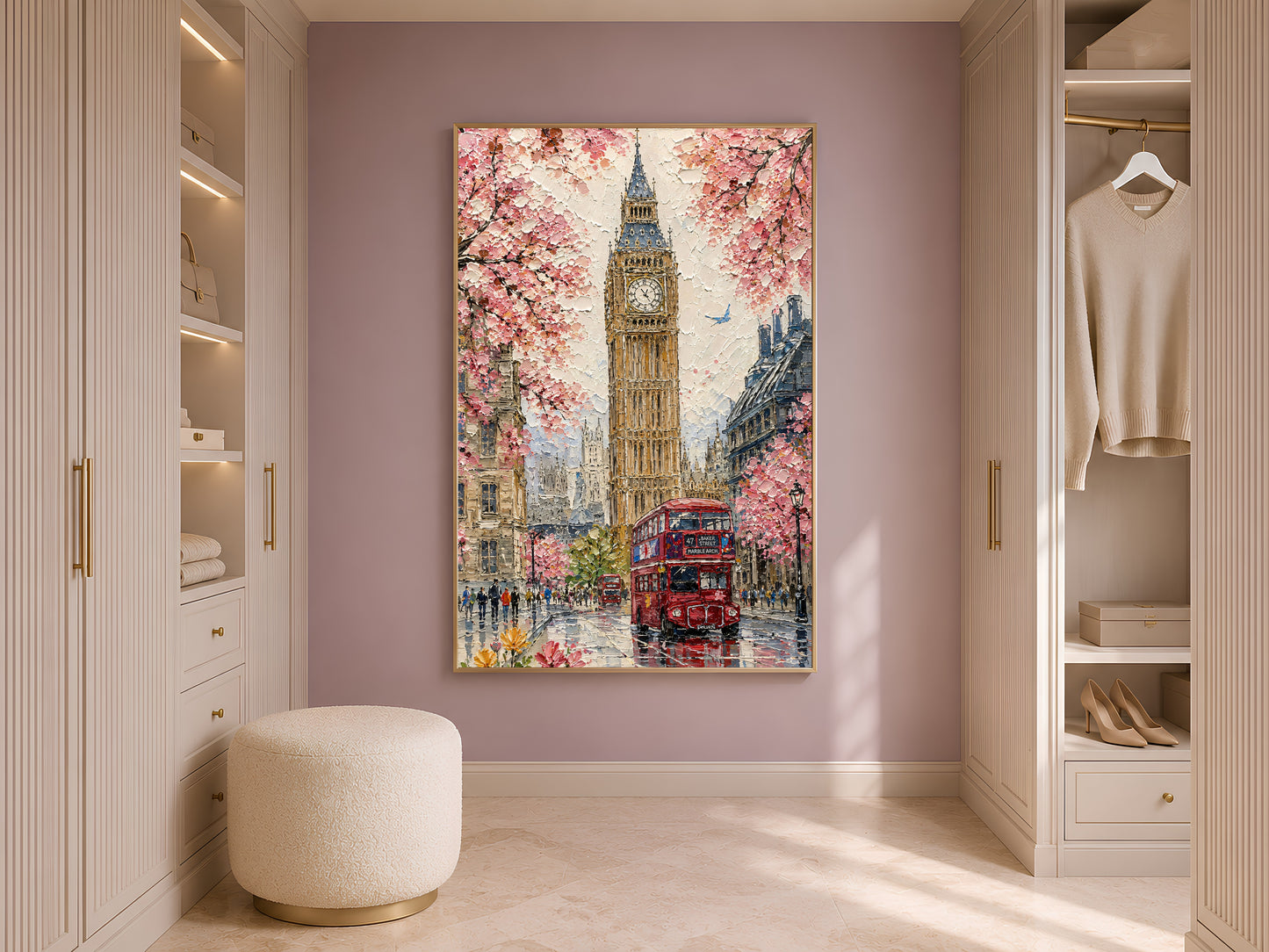 London Big Ben impasto print in a thin wood frame displayed in a bright walk-in closet or dressing room with warm neutral tones, dusty mauve accent wall, and soft natural light
