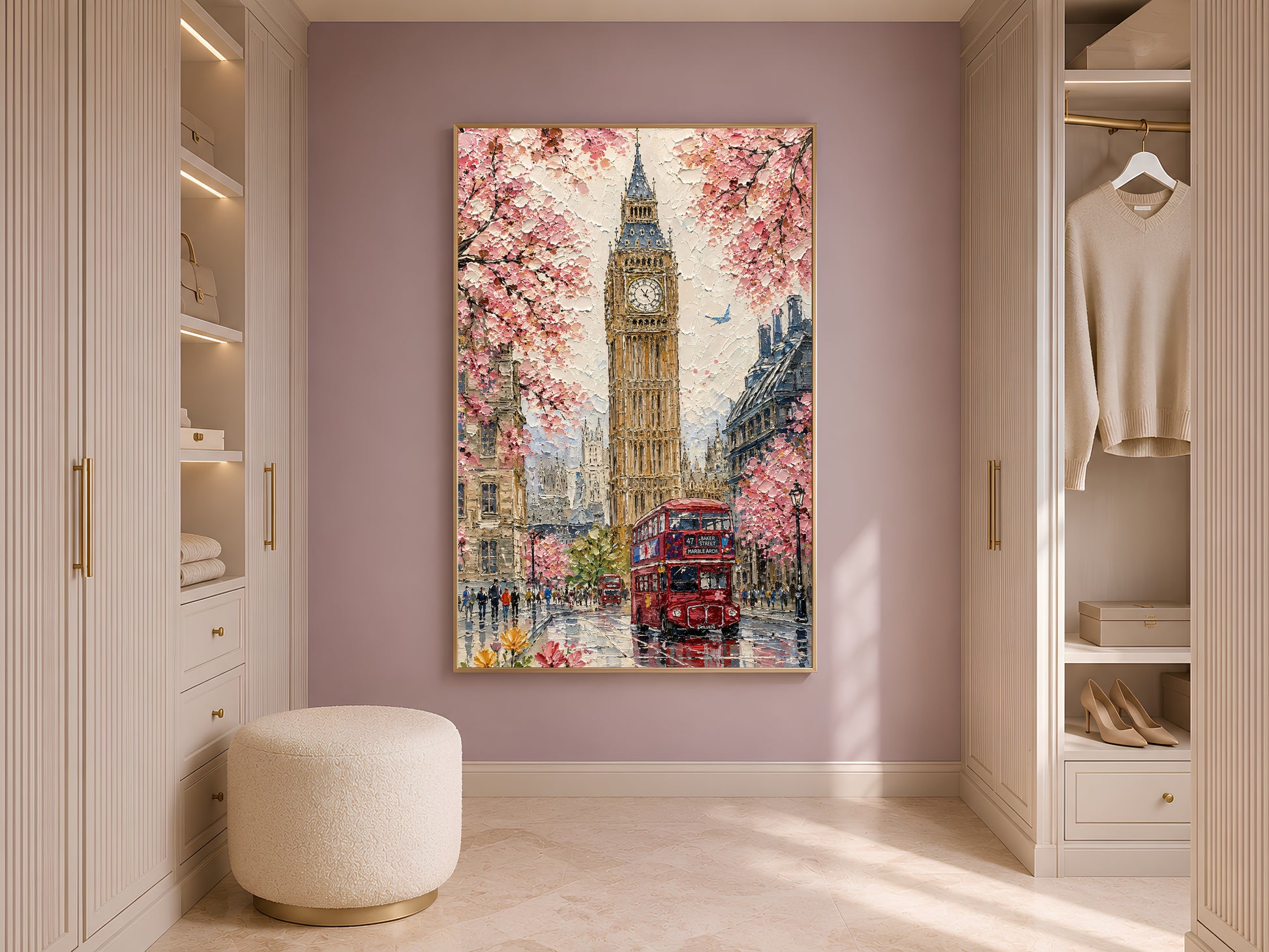 London Big Ben impasto print in a thin wood frame displayed in a bright walk-in closet or dressing room with warm neutral tones, dusty mauve accent wall, and soft natural light
