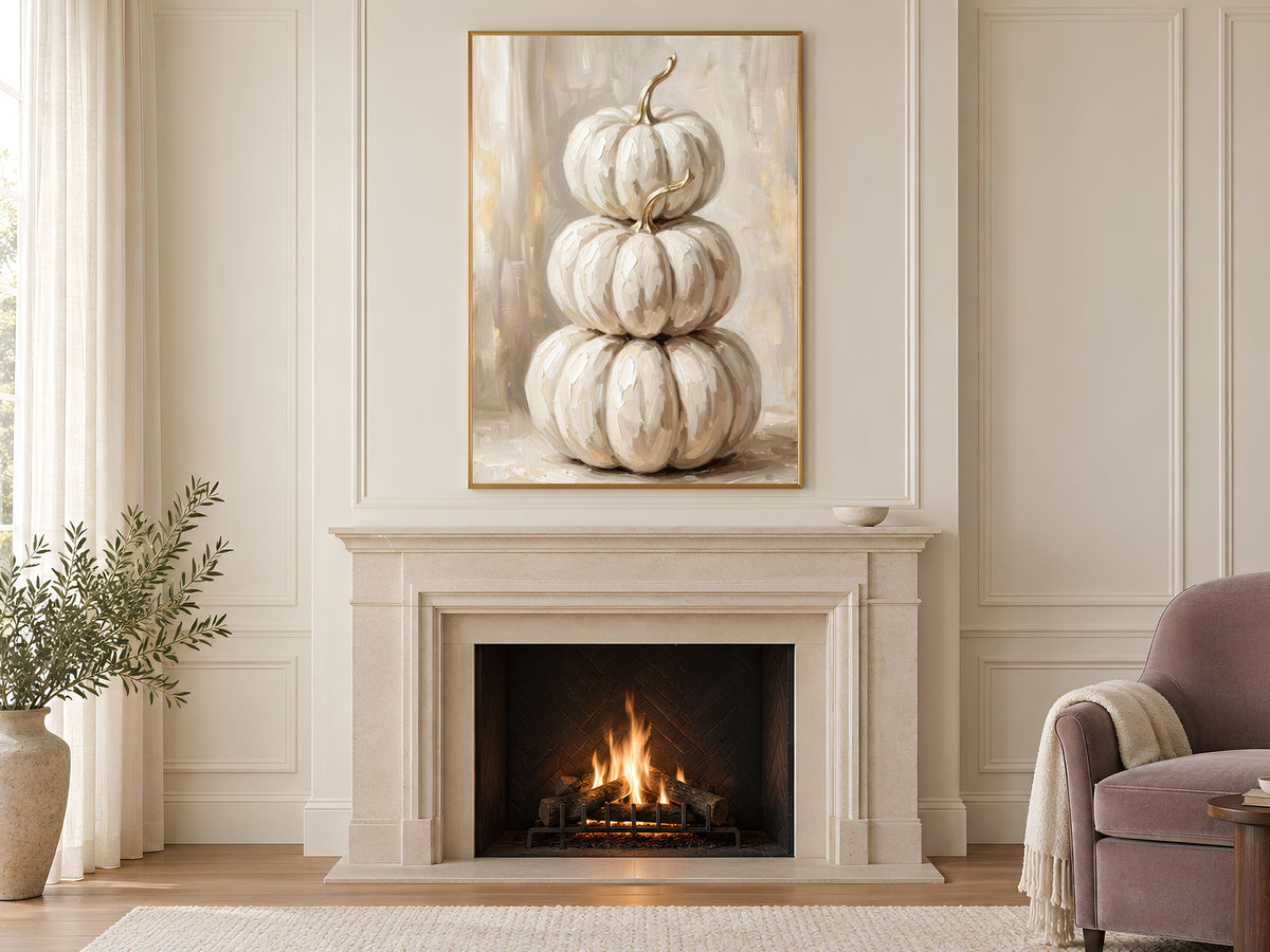 White Pumpkin Wall Art, Impasto Oil Painting Print - Digital Download