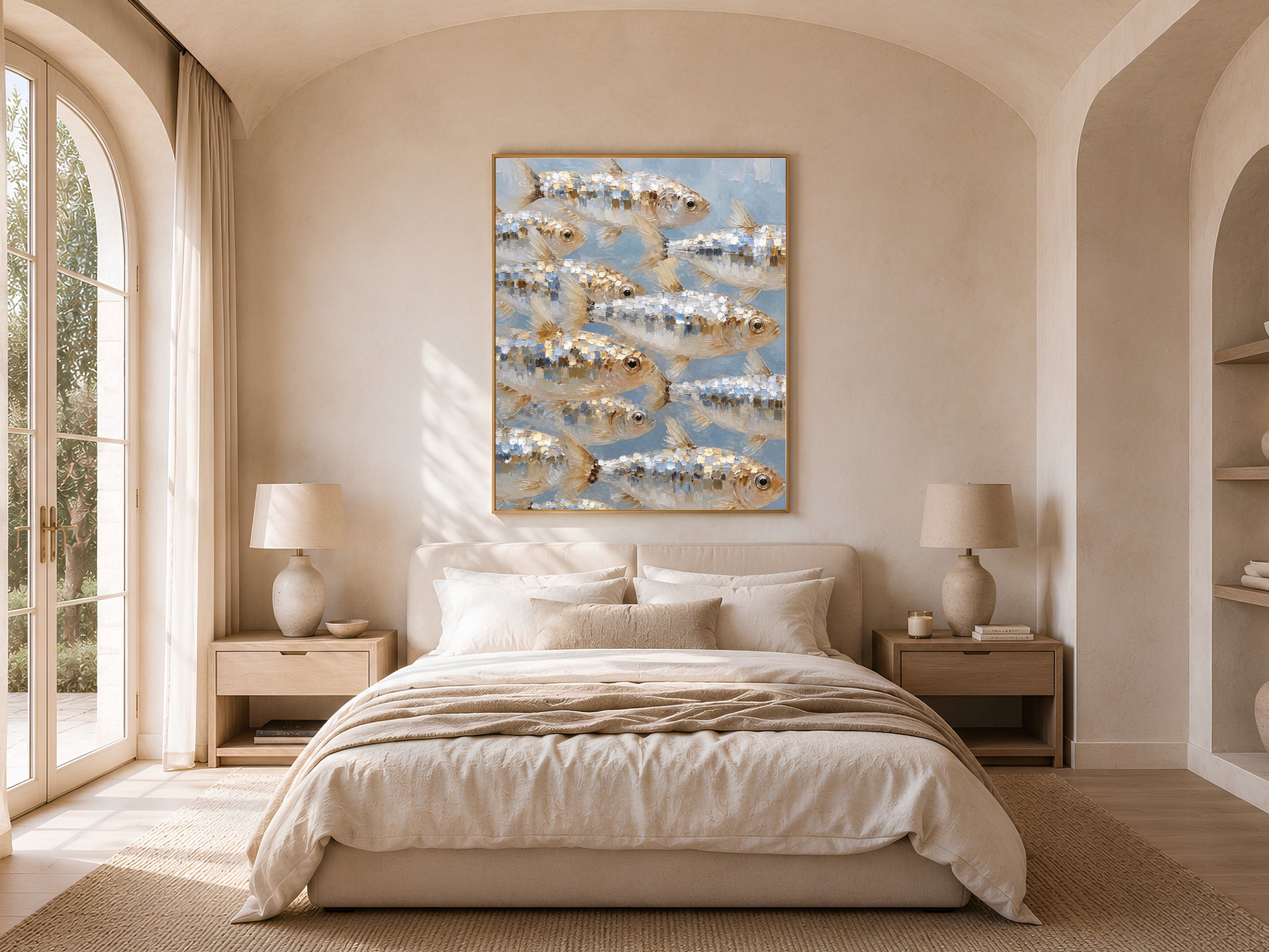 School of fish wall art hung in a sunlit bedroom with arched window, impasto oil painting print for coastal bedroom decor
