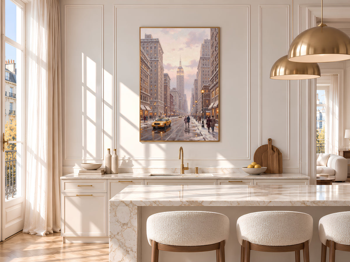 Snowy New York City Painting Print, NYC Winter Wall Art, Pastel Christmas City Art, Digital Download