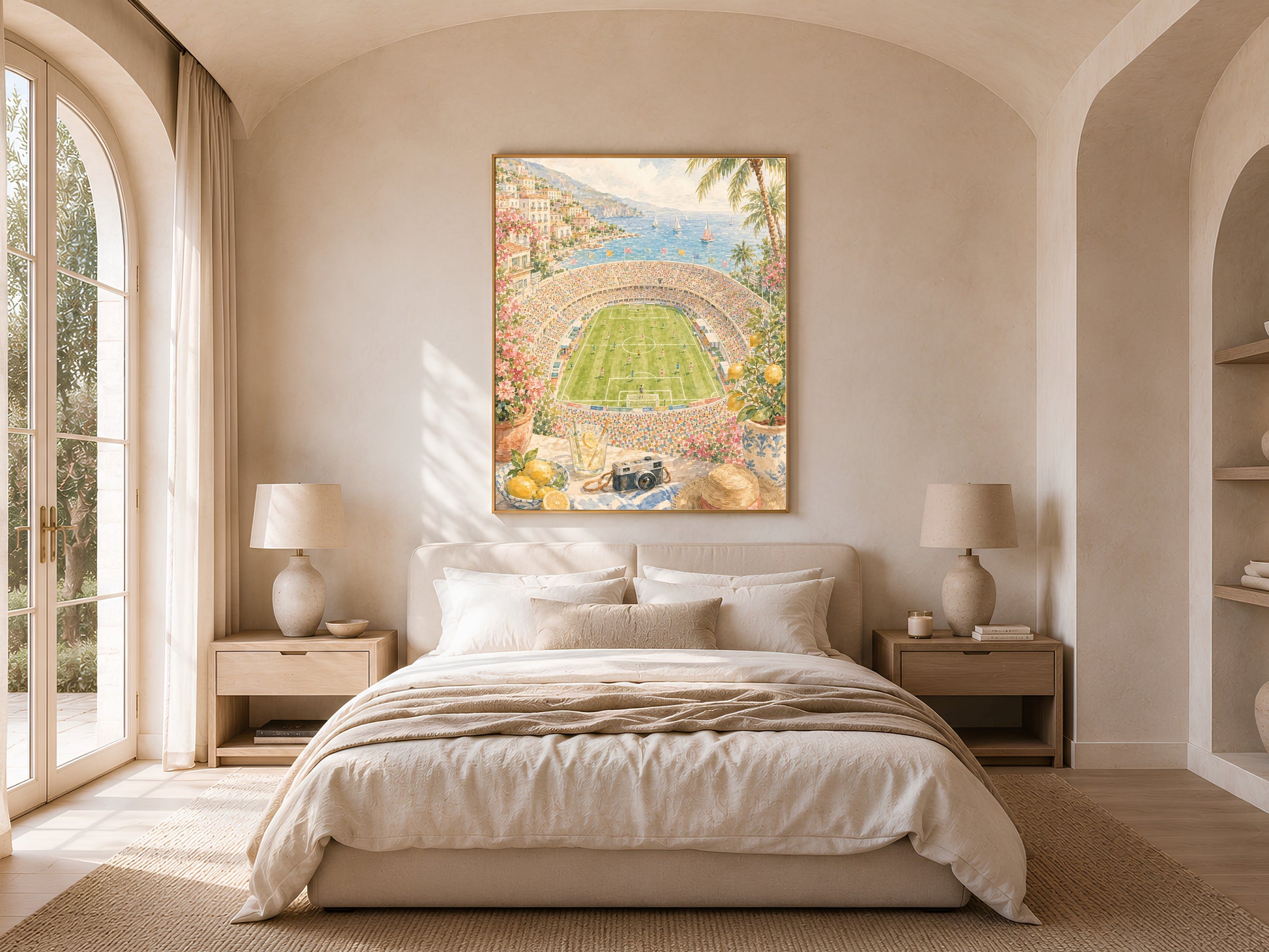 Bedroom interior with arched alcove, neutral linen bedding, and framed coastal football stadium print above the bed.
