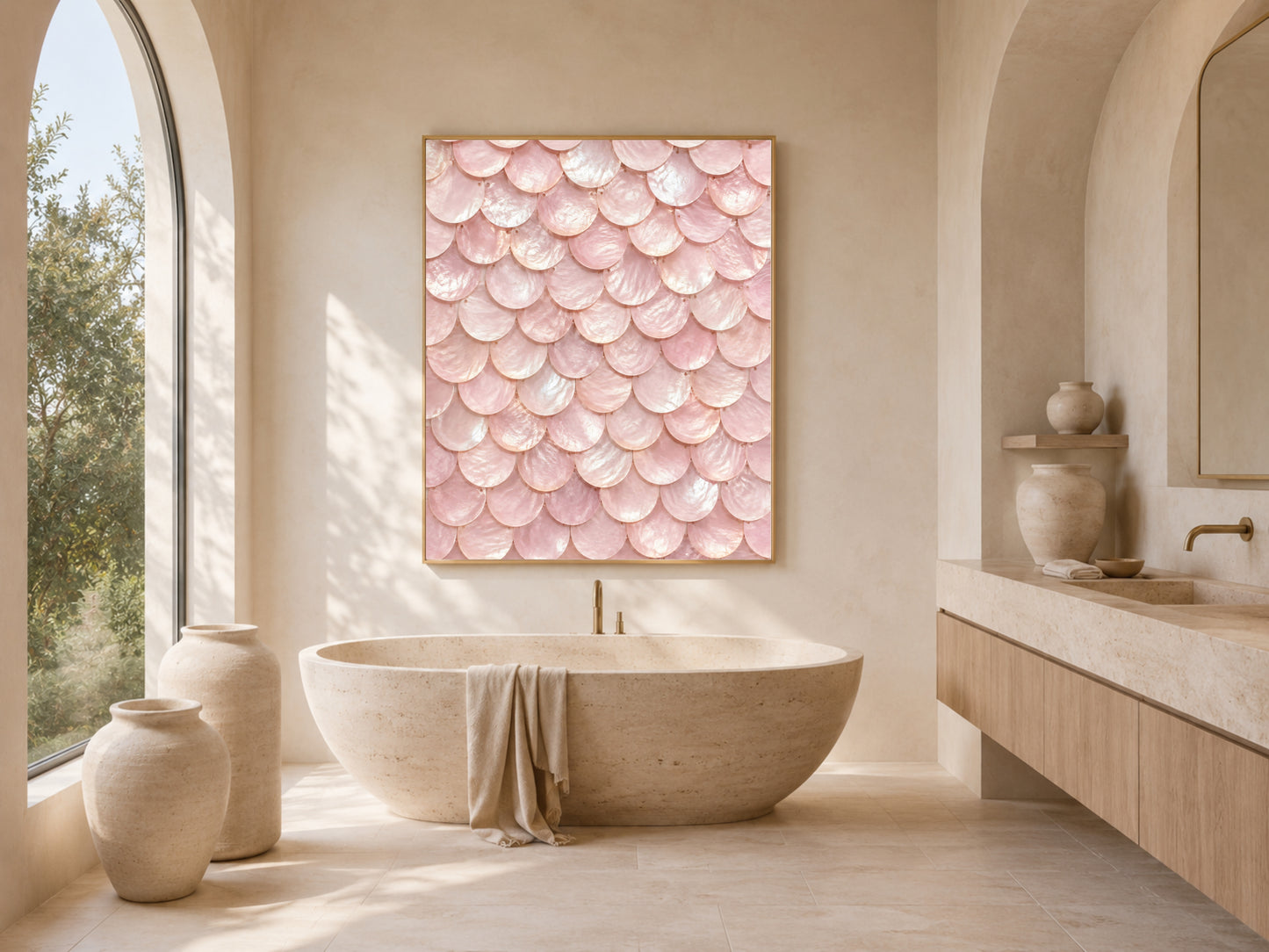 Blush pink mermaid scale wall art framed in a spa-style bathroom with soaking tub