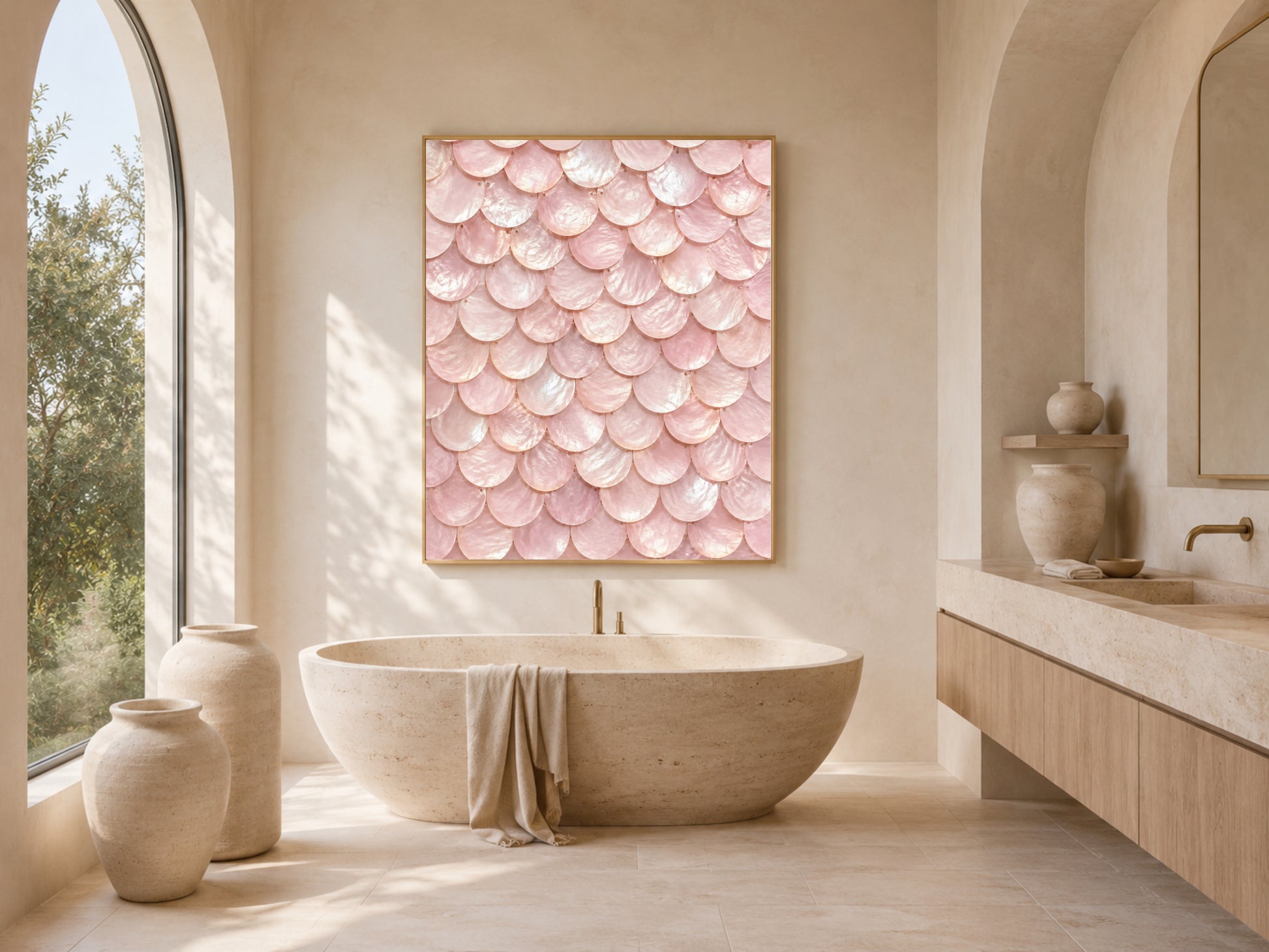 Blush pink mermaid scale wall art framed in a spa-style bathroom with soaking tub