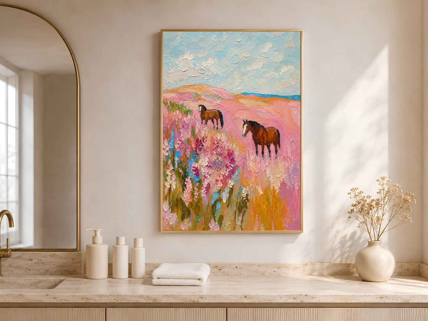 Pink wildflower horse painting framed above a bathroom counter with natural light

