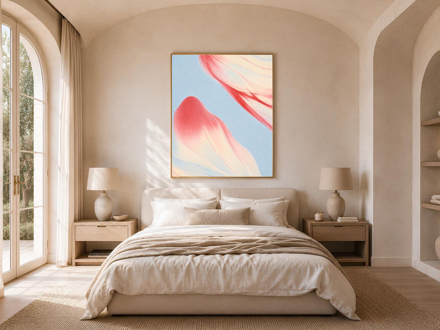 Coral and blue abstract art above bed, modern coastal bedroom decor mockup