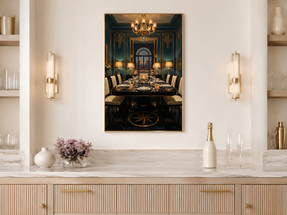 Art Deco Dining Room Wall Art, Teal Gold 1920s Interior Oil Painting - Digital Download
