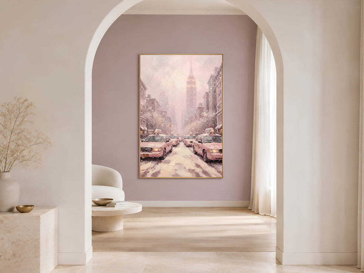 Pink Empire State Building Print, Monochrome NYC Taxi Wall Art - Digital Download