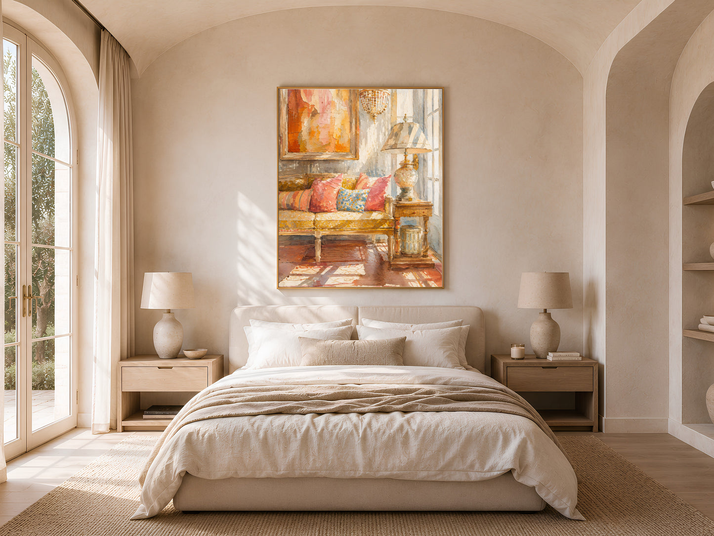 Terracotta abstract wall art printed and framed above a neutral bedroom bed, warm impasto painting with soft natural light
