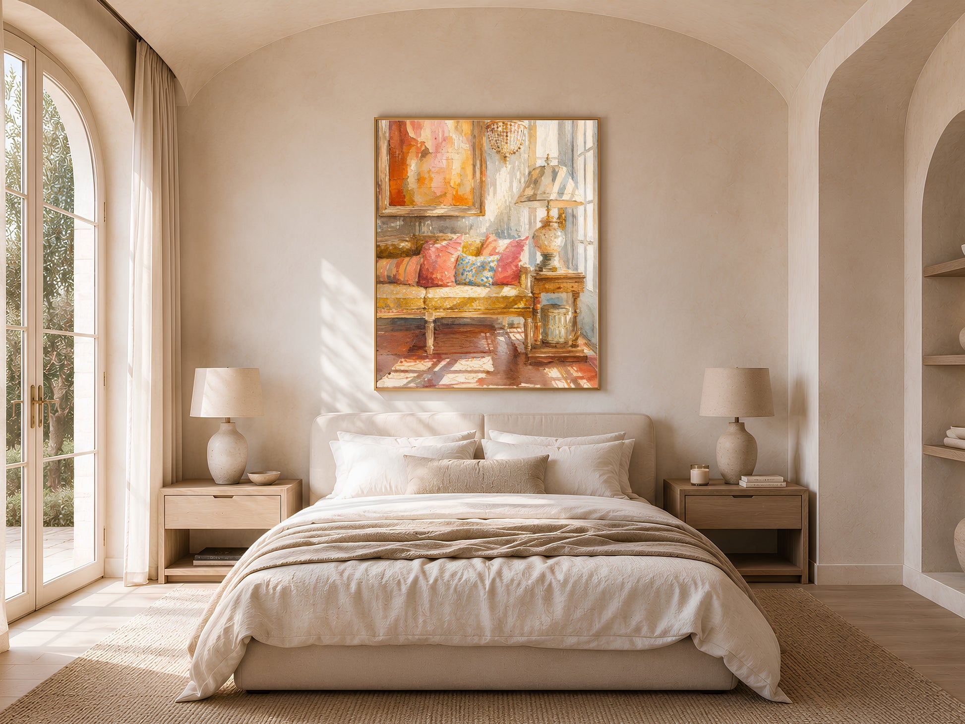 Terracotta abstract wall art printed and framed above a neutral bedroom bed, warm impasto painting with soft natural light
