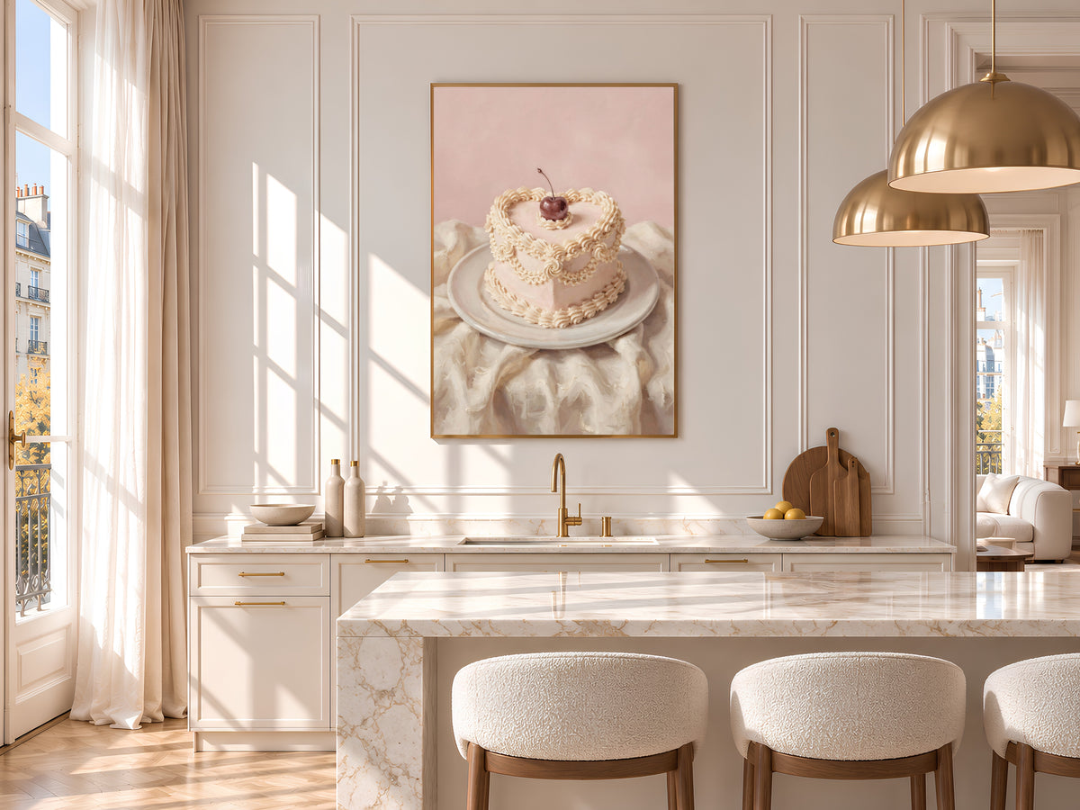 Vintage Heart Cake Painting Print, Pink Cherry Cake Still Life, Coquette Kitchen Art, Digital Download