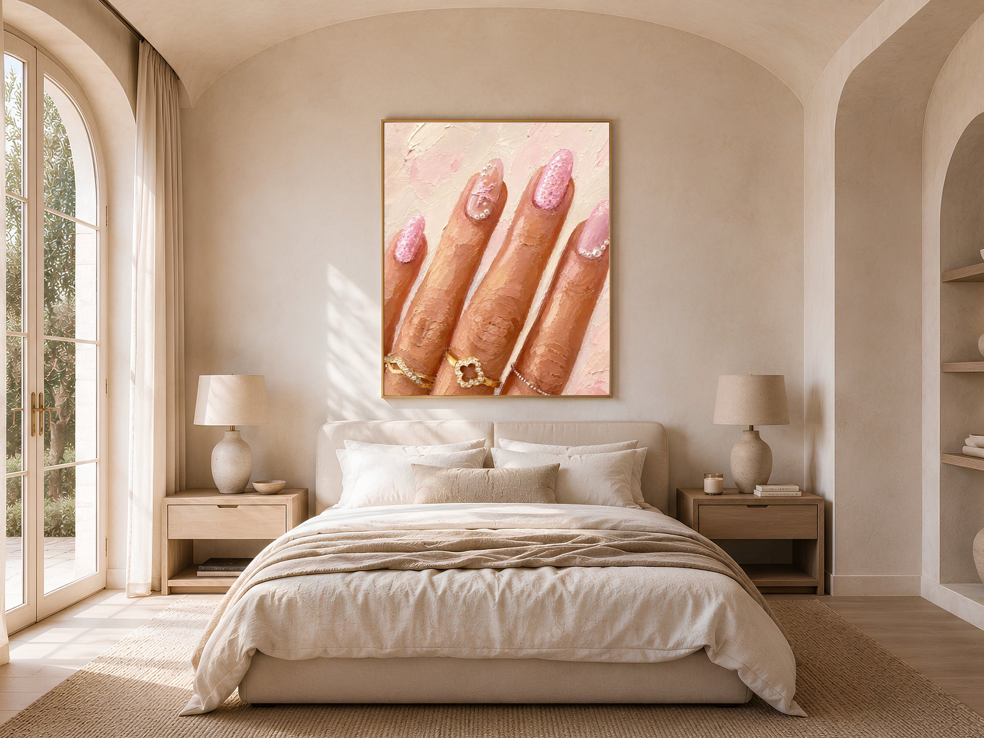 Framed coquette manicure print above the bed in a neutral arched bedroom