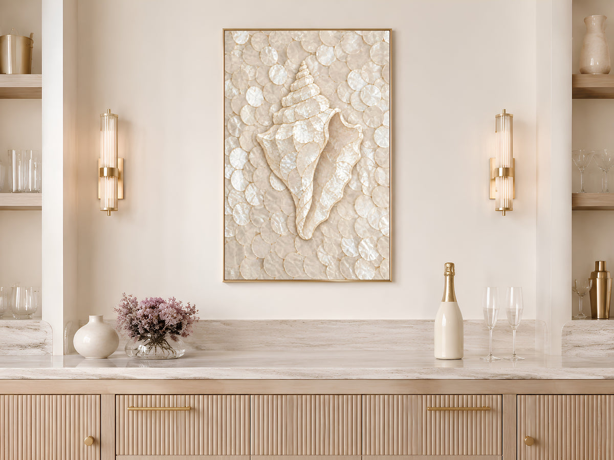 Conch Shell Mosaic Wall Art, Gold Line Seashell Print - Digital Download