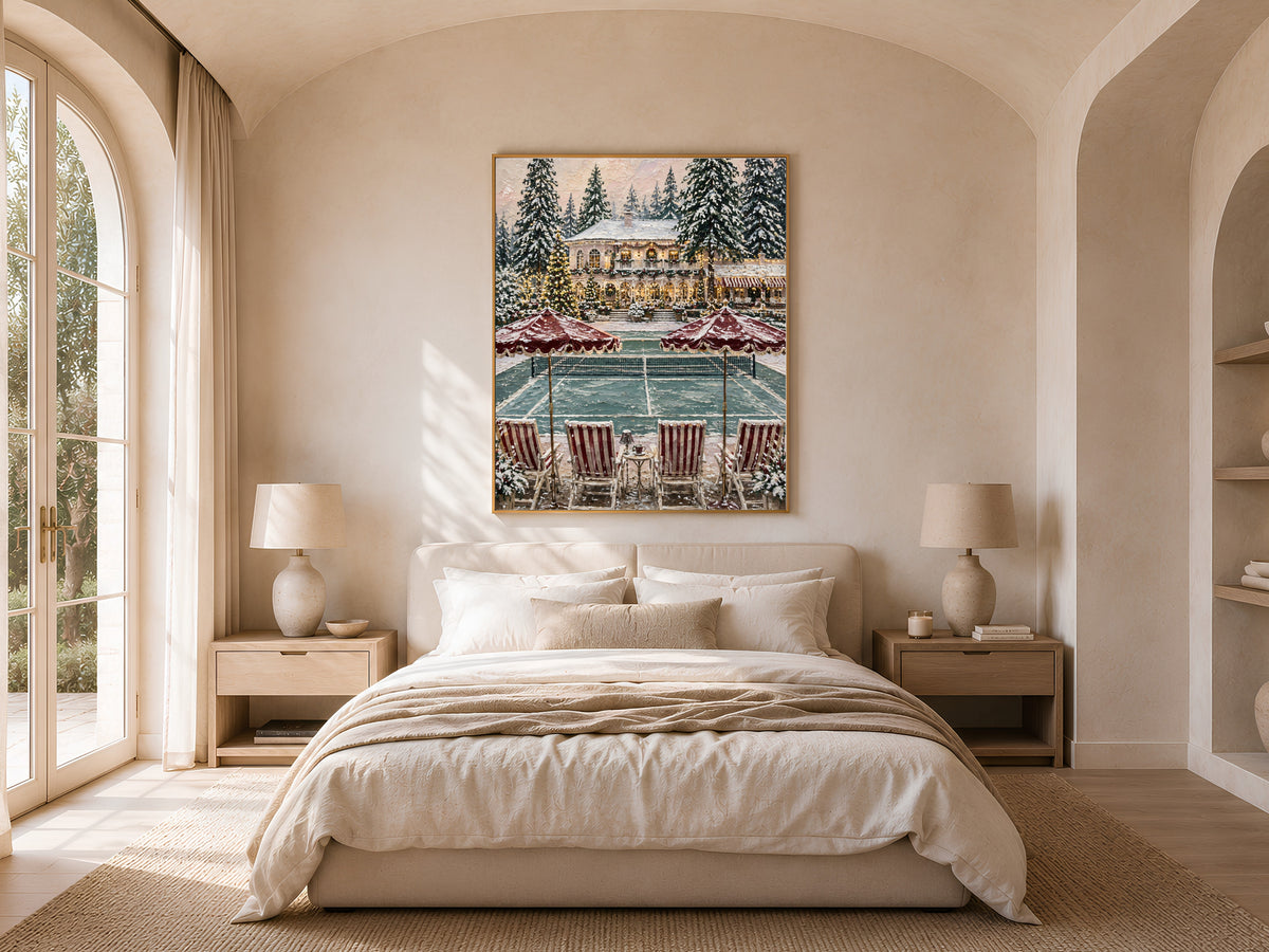 Christmas estate wall art print framed above a bed in a neutral arched bedroom for holiday decor inspiration