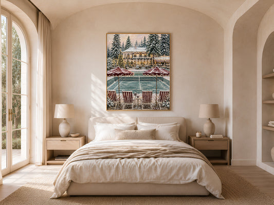 Christmas estate wall art print framed above a bed in a neutral arched bedroom for holiday decor inspiration