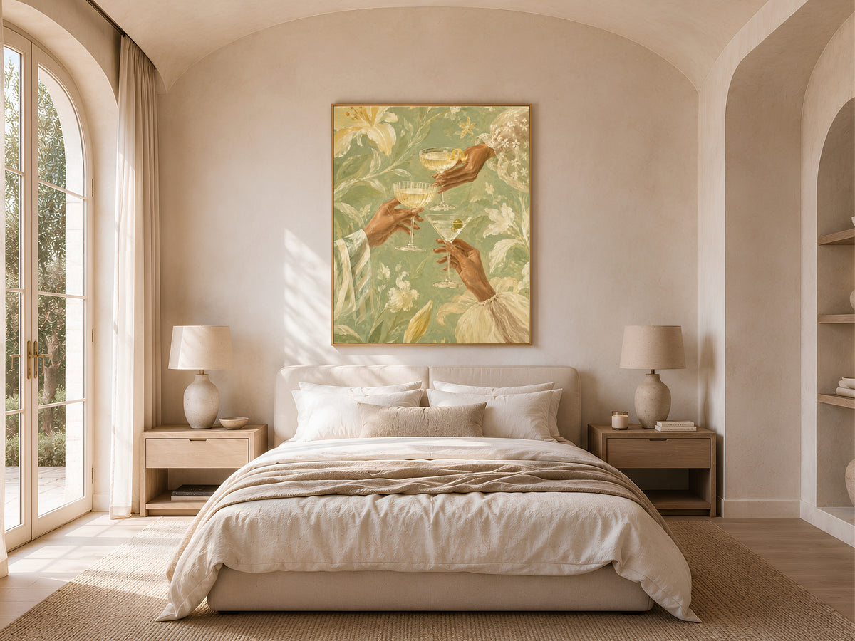 Cheers Cocktail Wall Art, Butter Yellow Floral Print - Digital Download