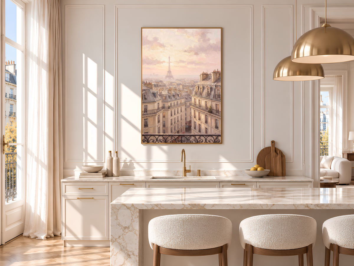 Paris Rooftops Painting Print, Pink Paris Balcony View Art, Pastel Parisian Skyline Wall Art, Printable Digital Download