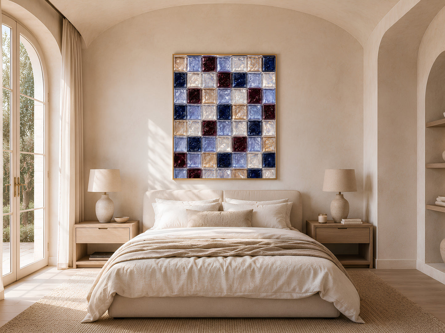 Navy and burgundy tile art framed above a bed in a sunlit arched bedroom