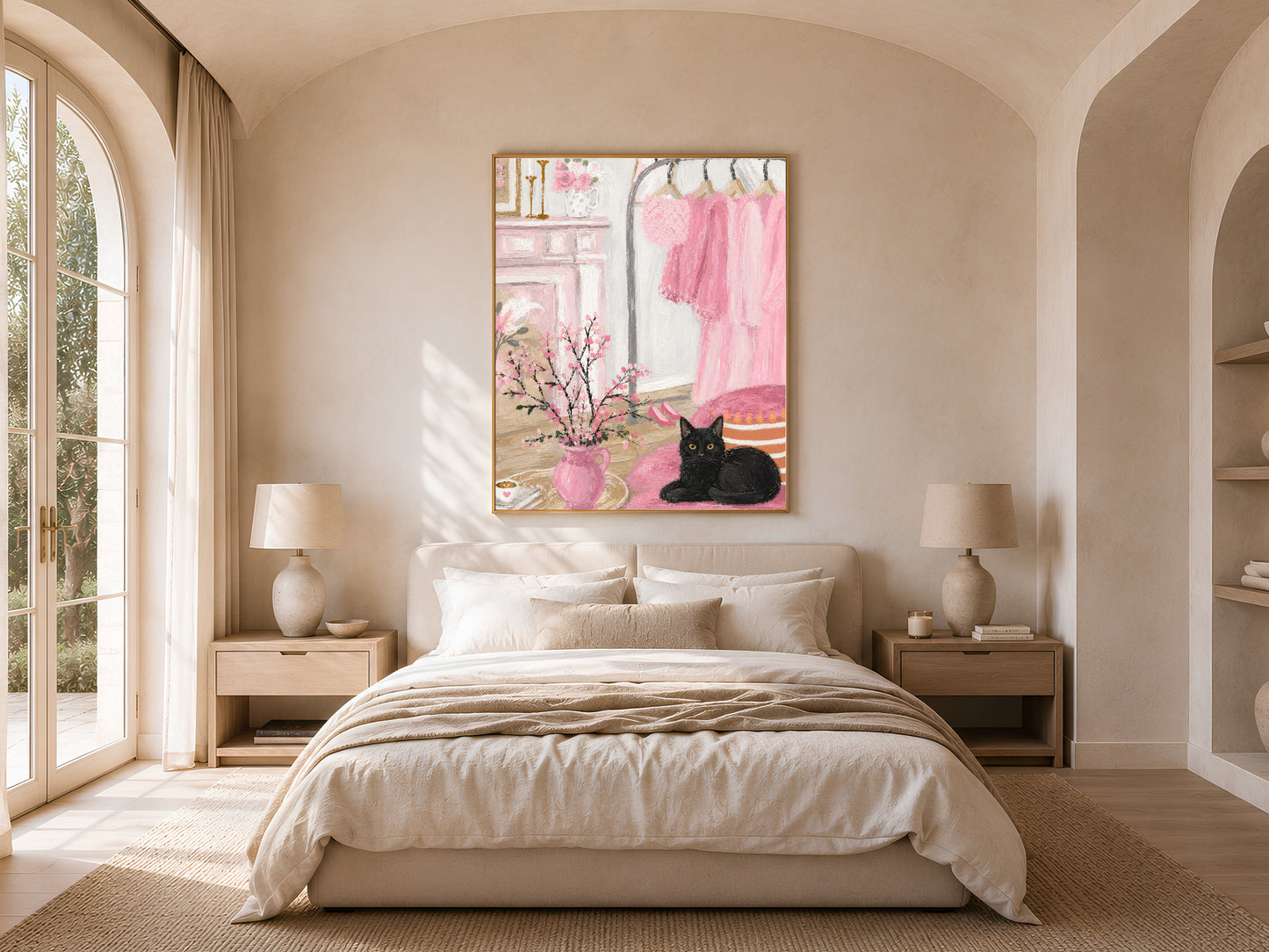 Pink dressing room art framed above a bed, coquette bedroom wall decor mockup
