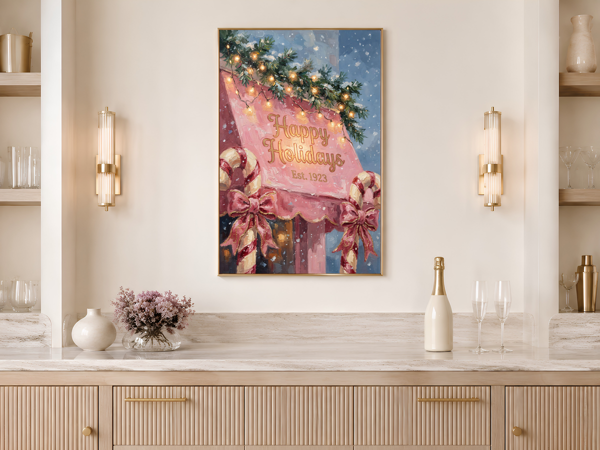 Pink Christmas Wall Art, Vintage Happy Holidays Sign Print - Digital Download