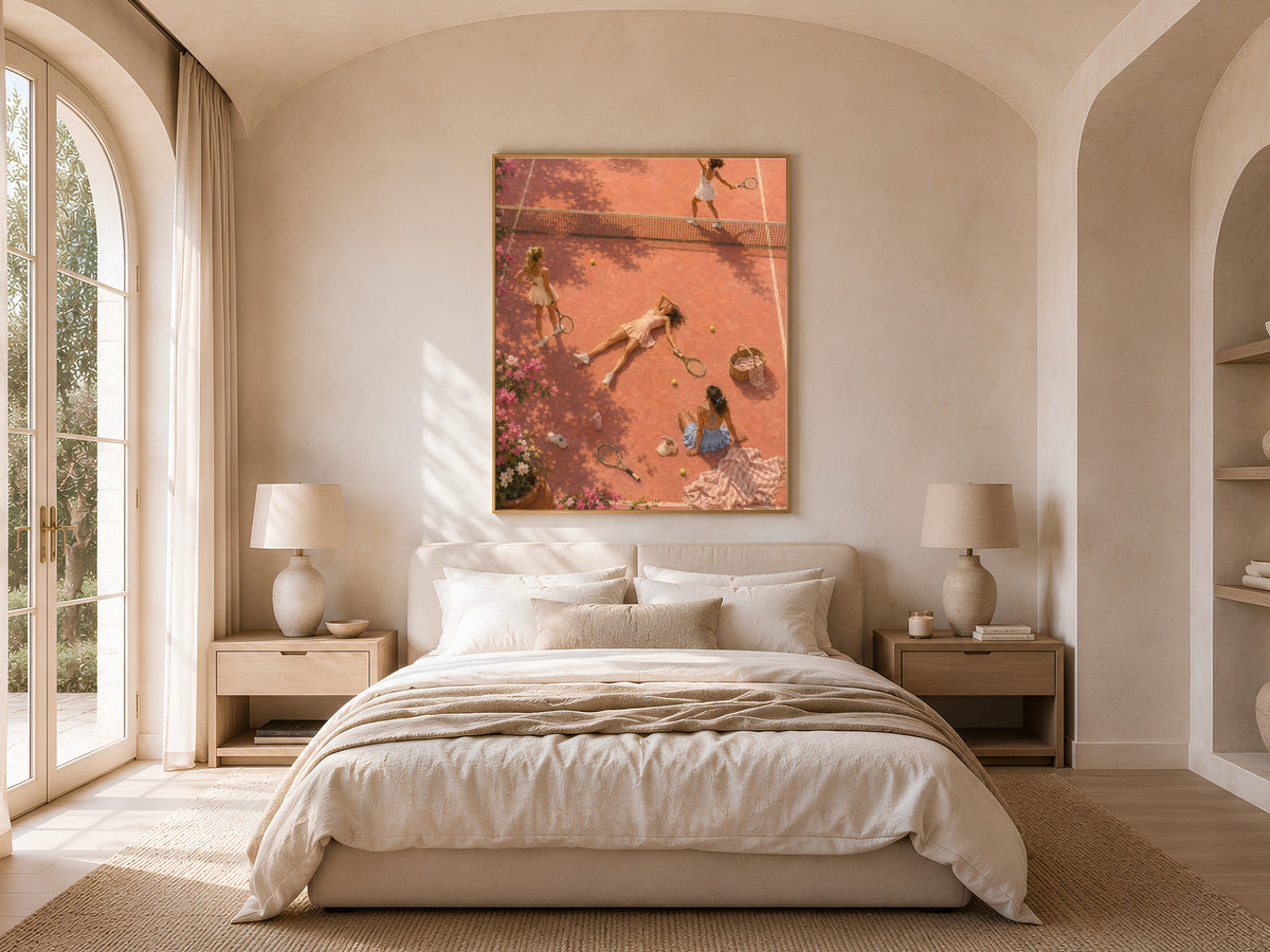 Aerial tennis court wall art framed above a bed in a soft arched-window bedroom