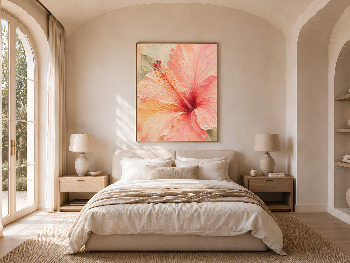 Framed hibiscus wall art above a neutral bedroom bed with linen bedding and arched windows
