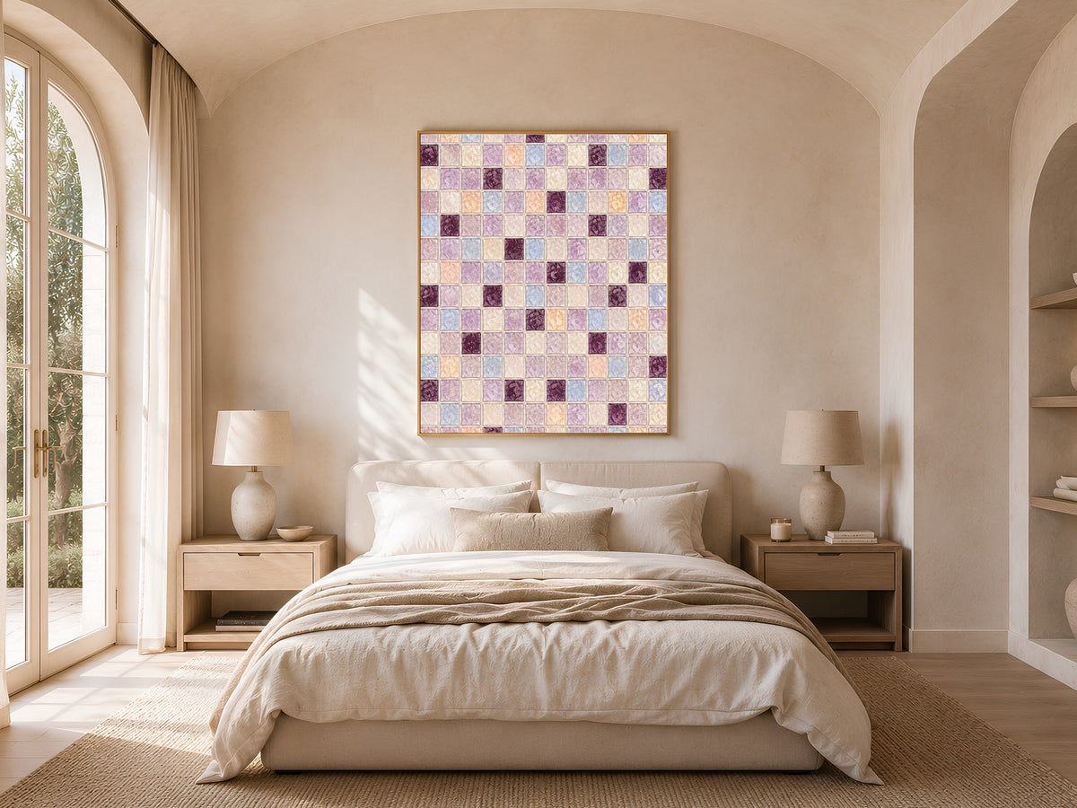 Plum lavender mosaic wall art framed above a bed in a warm arched-window bedroom