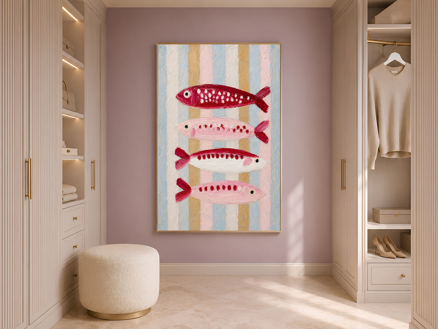 Framed sardine print inside a bright walk-in wardrobe with white shelving, hanging clothes, and a round linen ottoman
